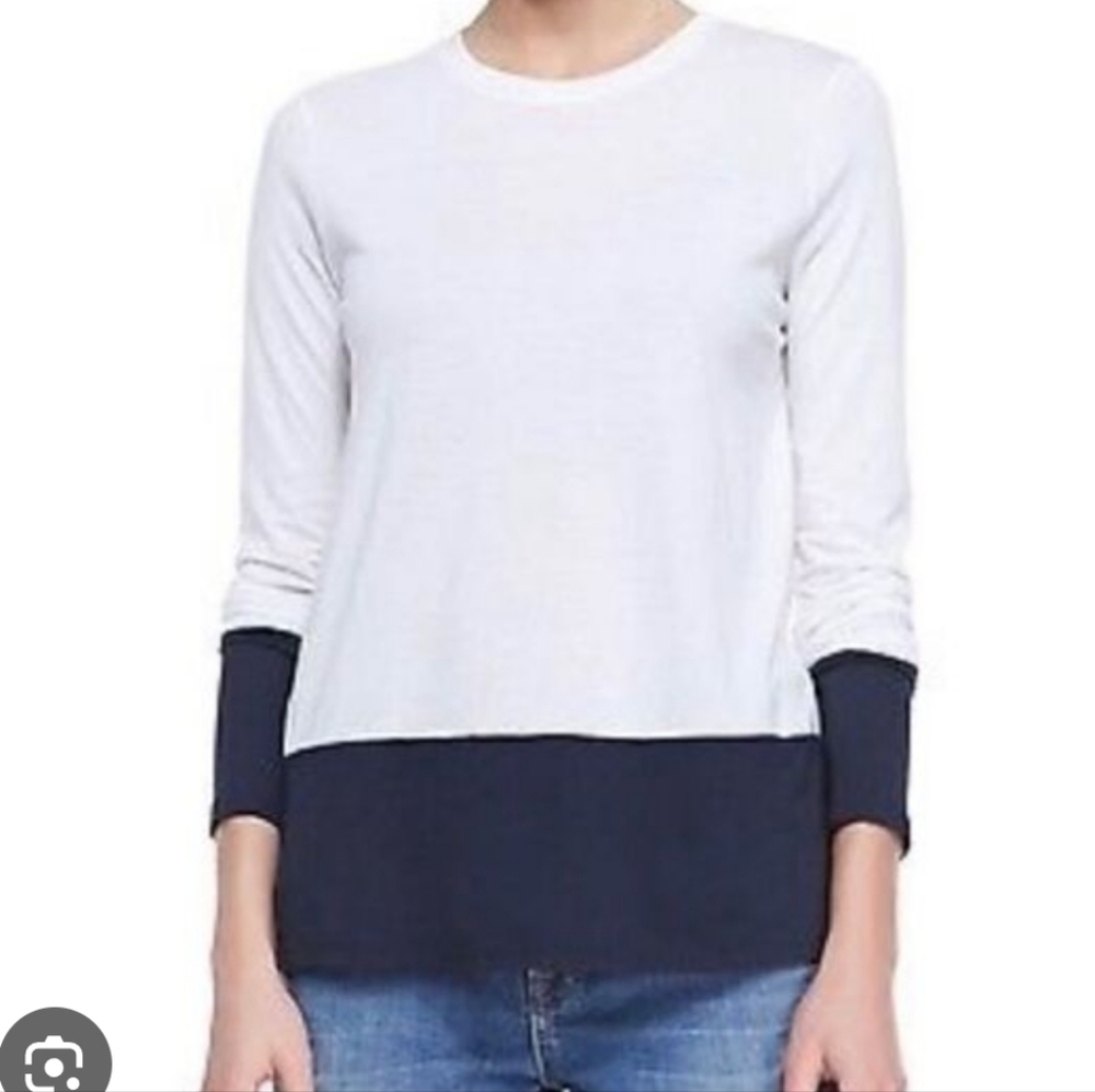 Vince T-Shirt 100%Cotton Women Long Sleeve Vneck White-Navy Lightweigth